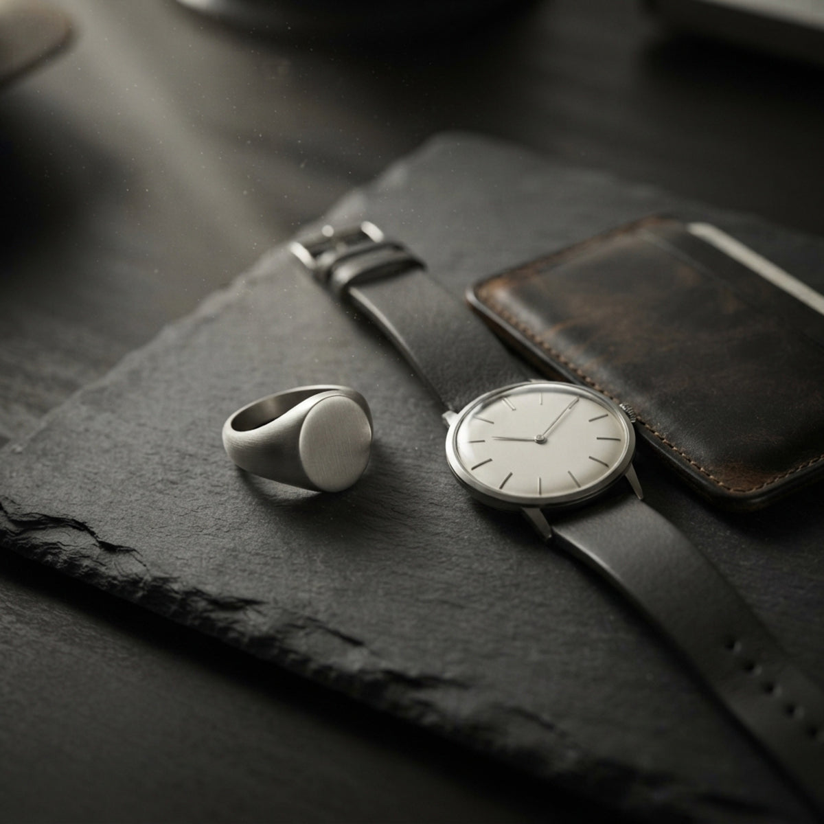 Men's Brushed Steel Signet Ring lifestyle photo