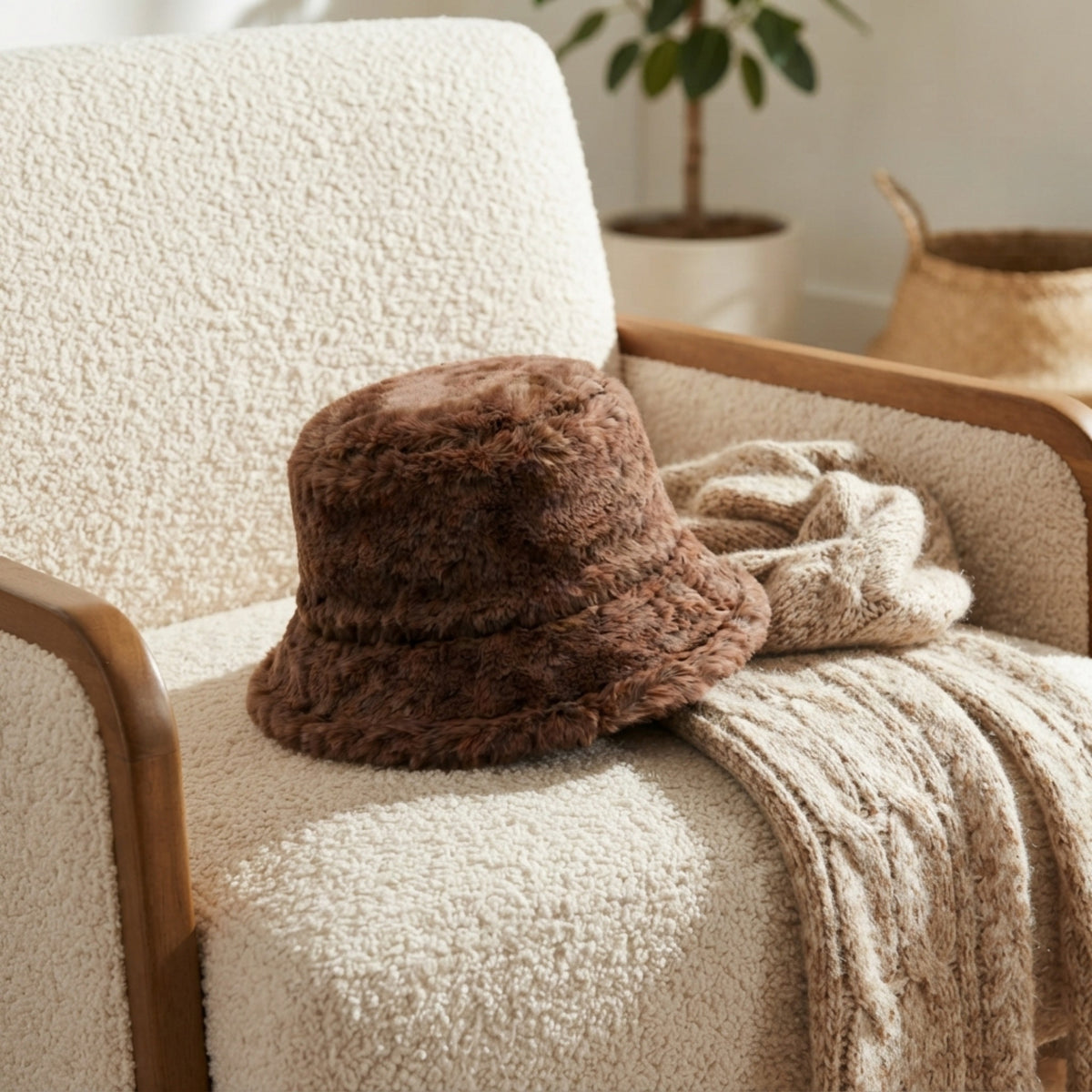Women's Fuzzy Faux-Fur Bucket Hat lifestyle photo