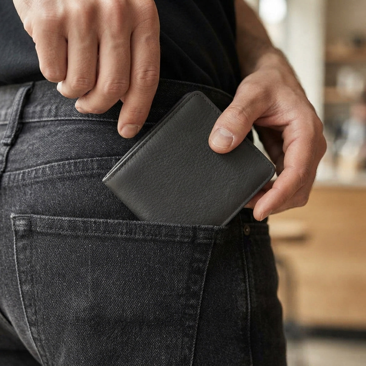 Men's Minimalist Textured Bifold Wallet lifestyle photo