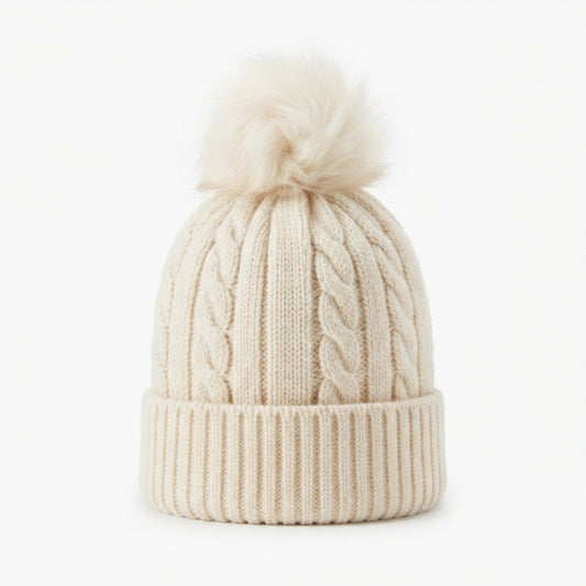 Women's Cable Knit Beanie with Faux Fur Pom