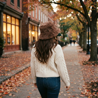 Women's Fuzzy Faux-Fur Bucket Hat lifestyle photo