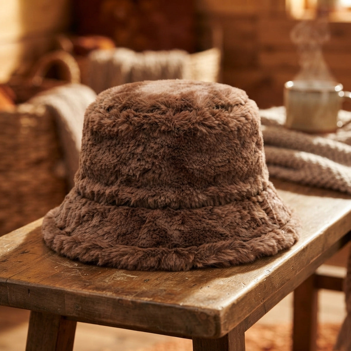 Women's Fuzzy Faux-Fur Bucket Hat lifestyle photo