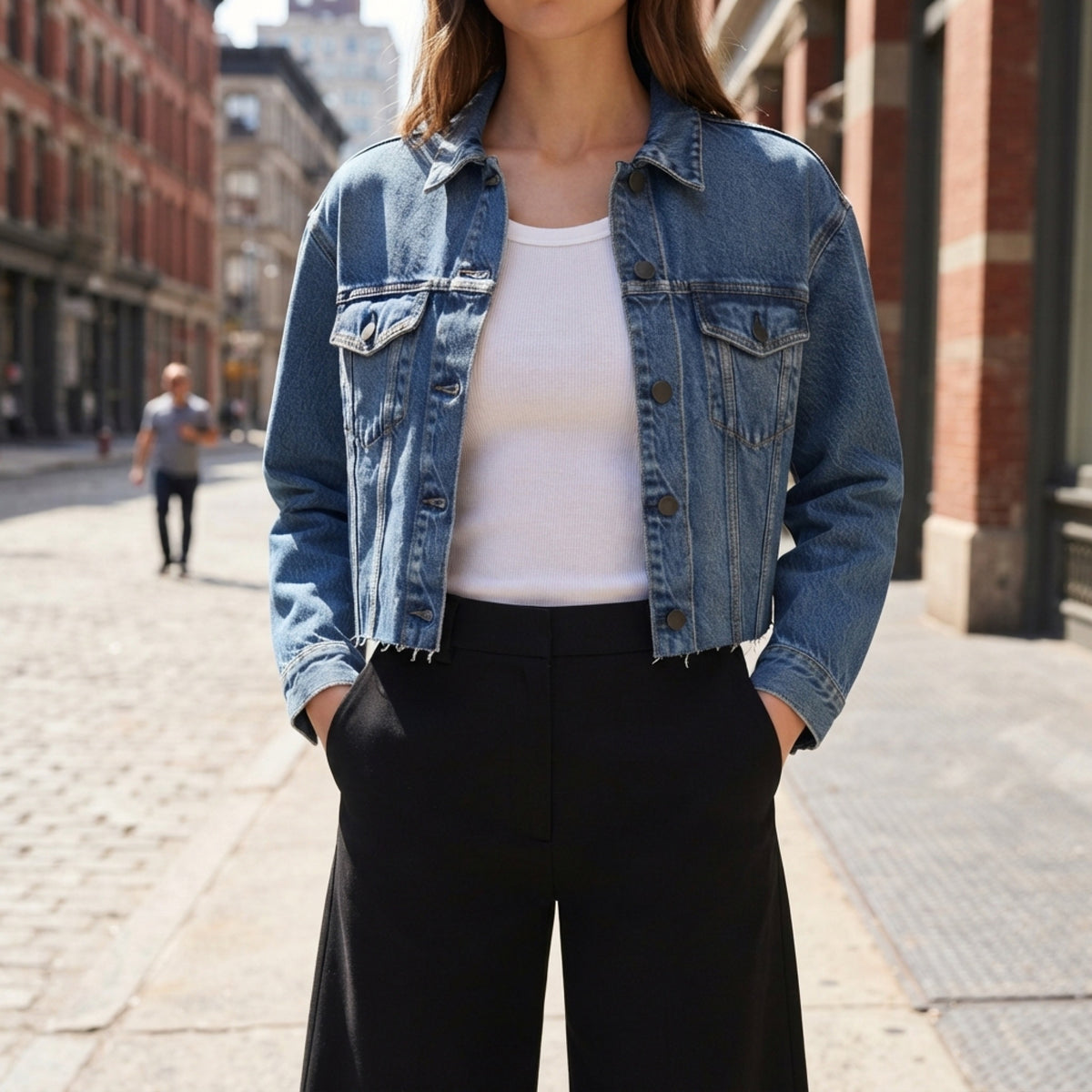 Women's Cropped Denim Trucker Jacket lifestyle photo
