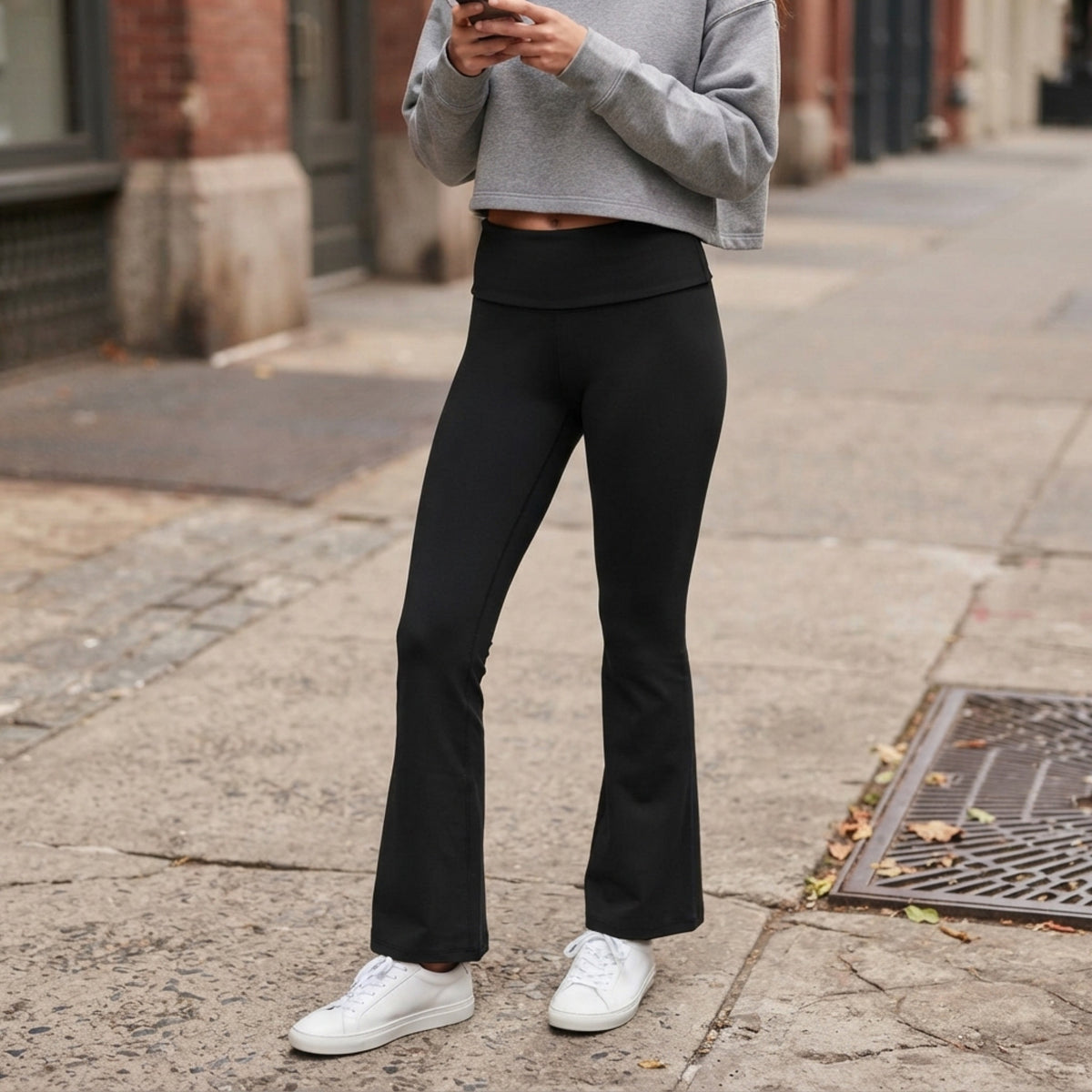 Women's Fold-Over Waist Flare Leggings lifestyle photo