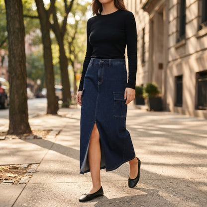 Women's Denim Cargo Maxi Skirt lifestyle photo